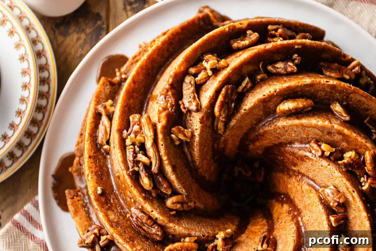 Recipe for rum cake, prepared in a bundt pan and topped with glaze and toasted nuts, a truly inviting treat.