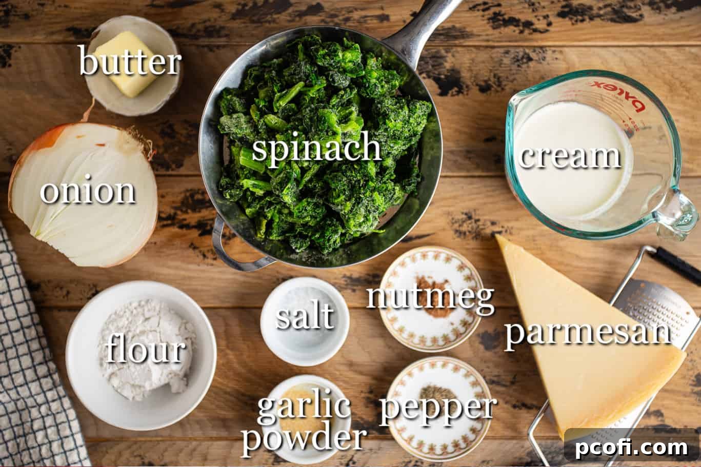 Ingredients for making creamed spinach, with text labels.