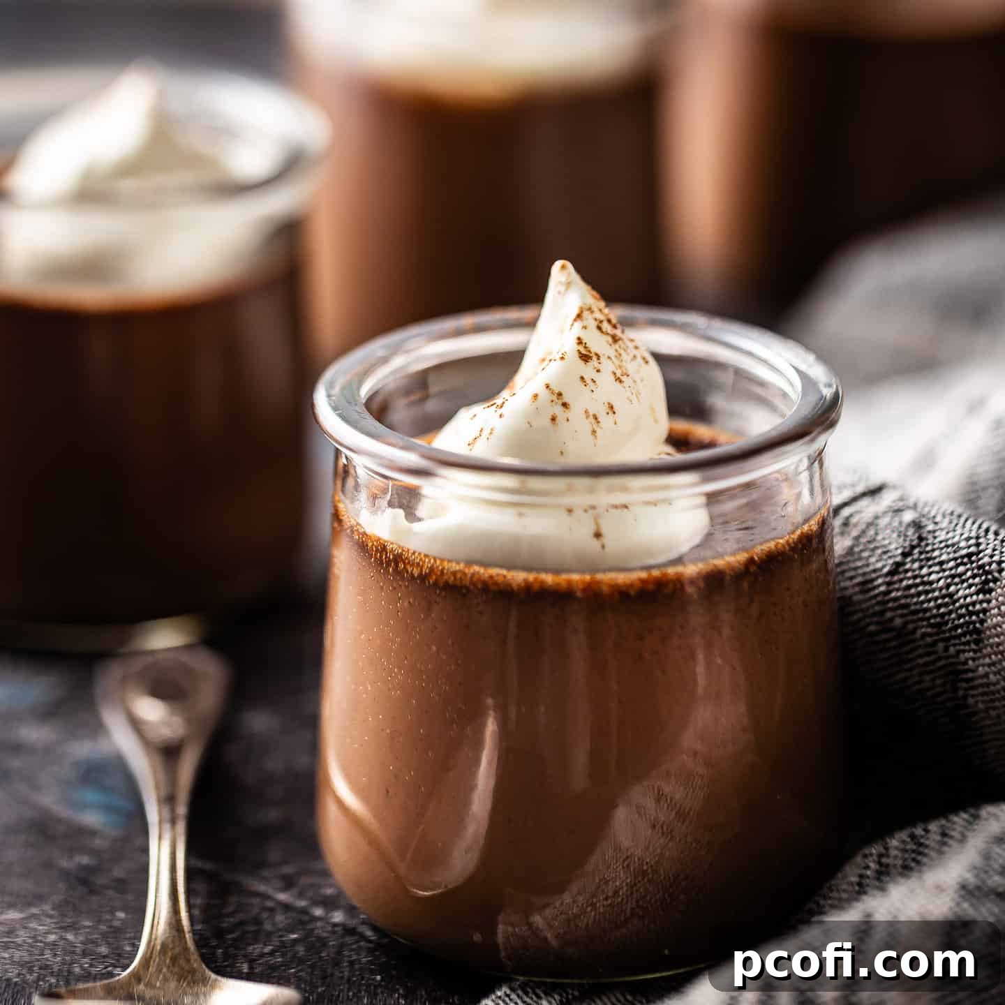 Chocolate pot de creme served elegantly in a glass jar, generously topped with soft, airy whipped cream and a sprinkle of cocoa powder.