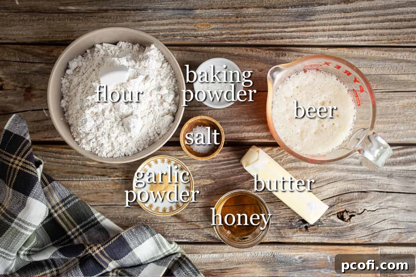 Ingredients for making beer bread, with text labels.