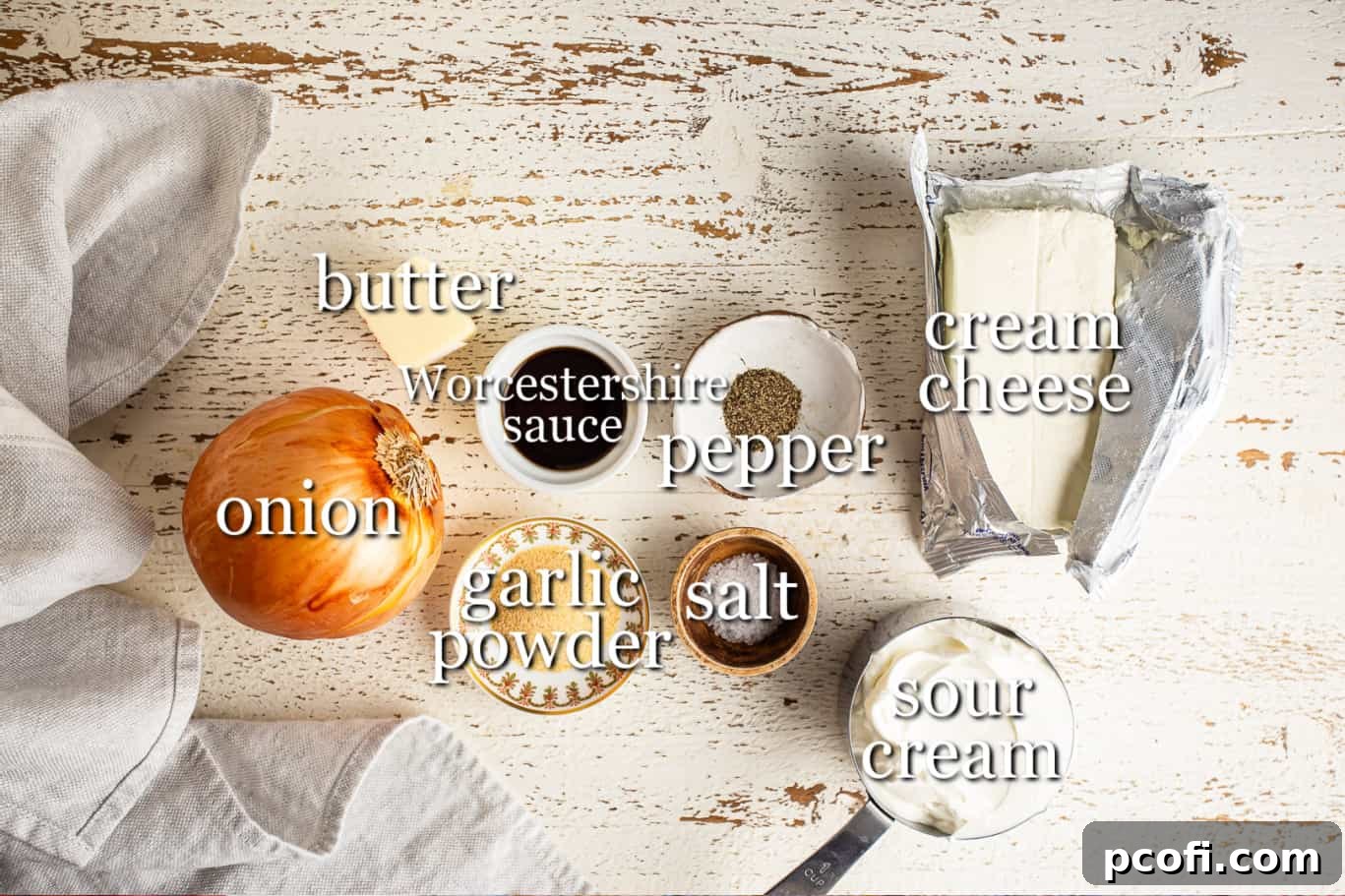 Ingredients for making French onion dip, with text labels.