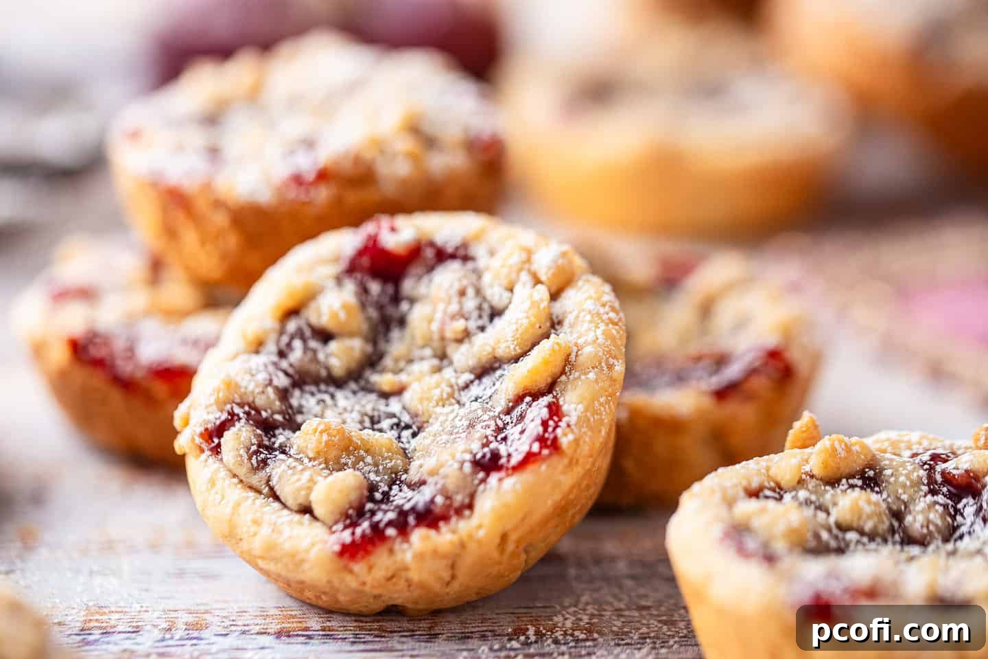 Miniature raspberry tartlets filled with jam, topped with streusel and a light dusting of powdered sugar, arranged artfully.