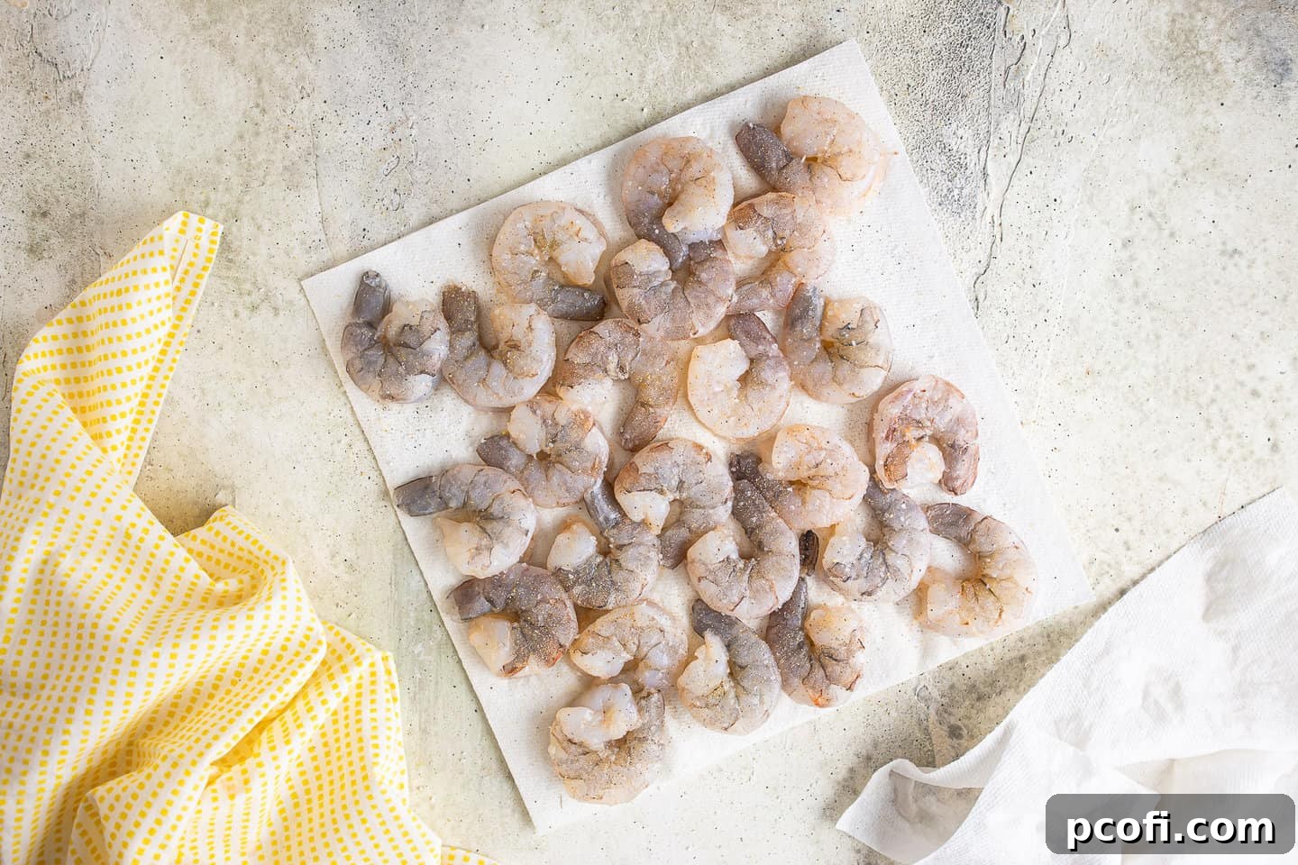 Raw shrimp meticulously seasoned with kosher salt, garlic powder, and ground black pepper on a cutting board, ready for cooking.