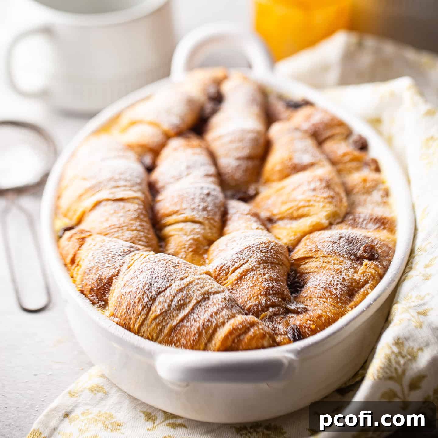 Croissant bread pudding baked in an oval dish with powdered sugar on top.