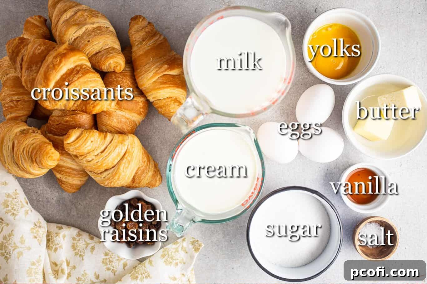 Ingredients for making croissant bread pudding, with text labels.