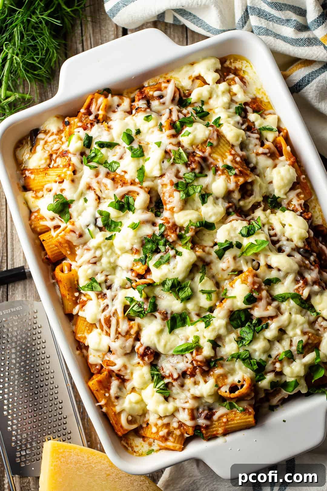 Baked rigatoni recipe, made and presented in a white baking dish on a rustic distressed wood background.