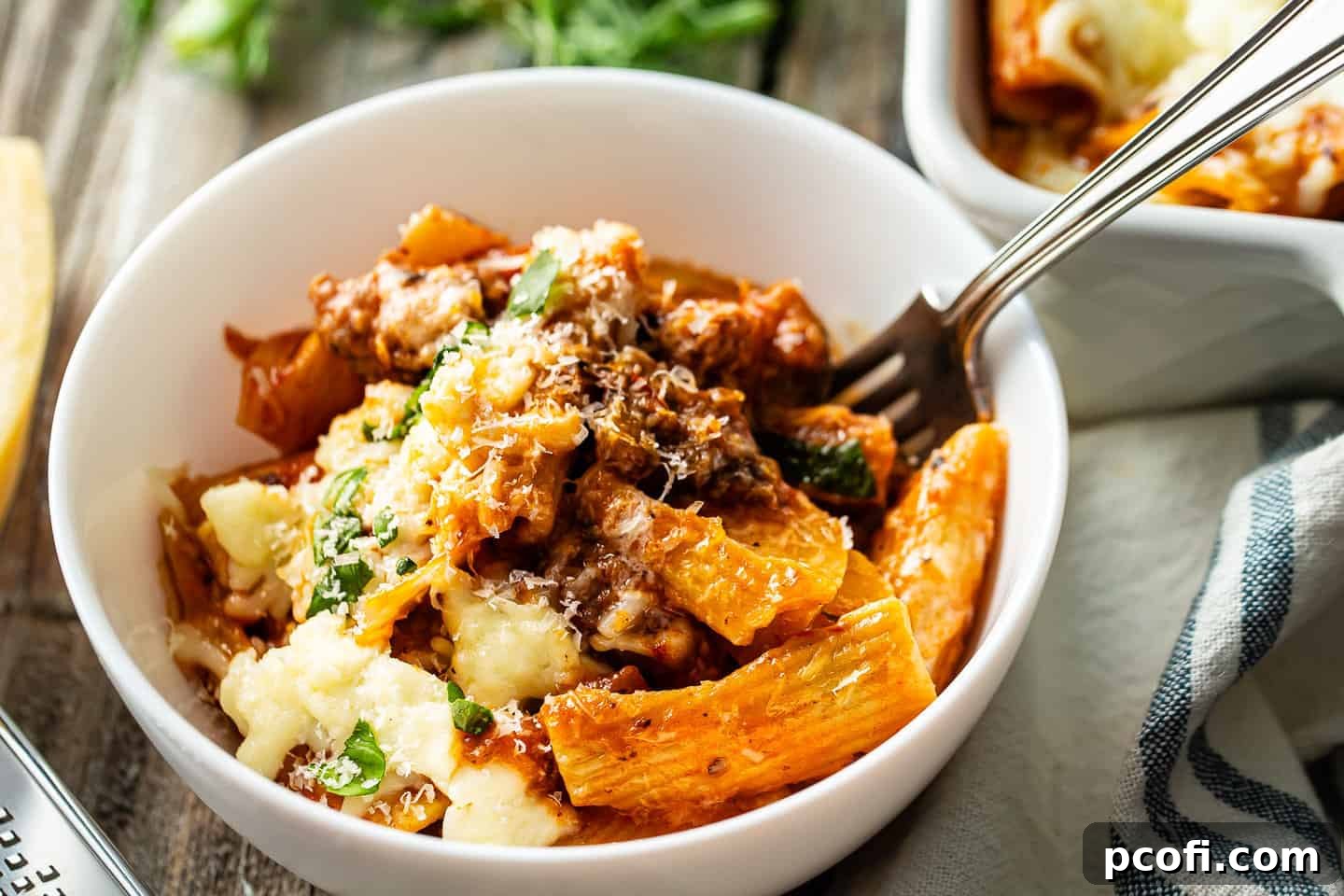 Baked sausage rigatoni recipe spooned into a serving bowl with a vintage silver fork, ready to be eaten.