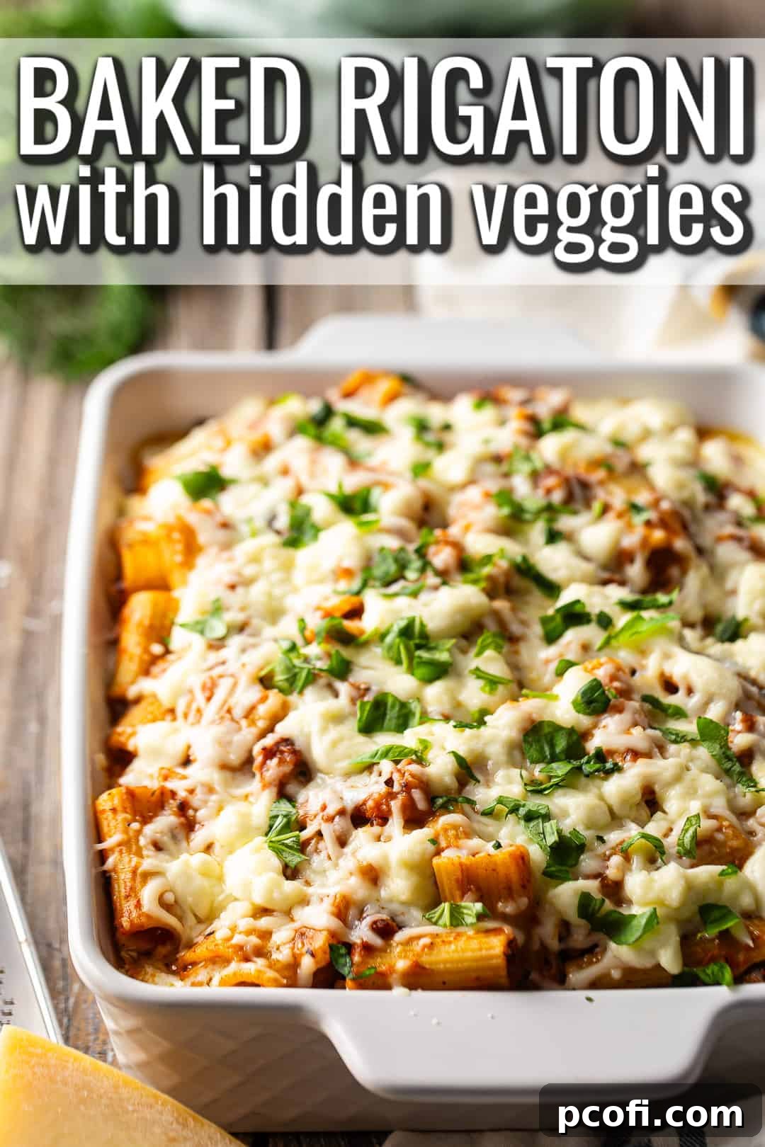 Rigatoni recipe prepared and presented in a casserole dish with fresh basil on top, ready to serve.