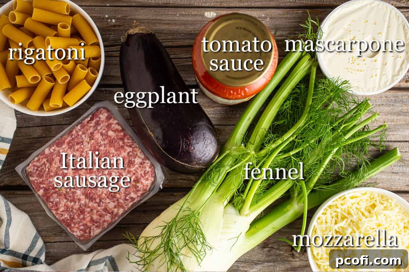 Ingredients for making baked rigatoni, with text labels, laid out on a kitchen counter.