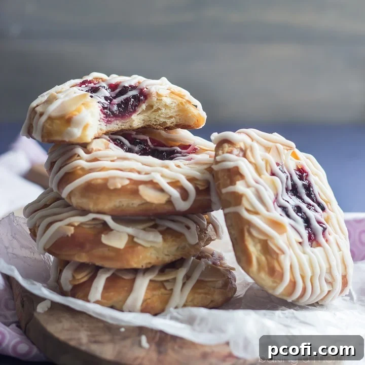 Freshly baked Blackberry Ginger Danish pastries cooling on a wire rack, glistening with vanilla bean glaze and topped with toasted almonds.