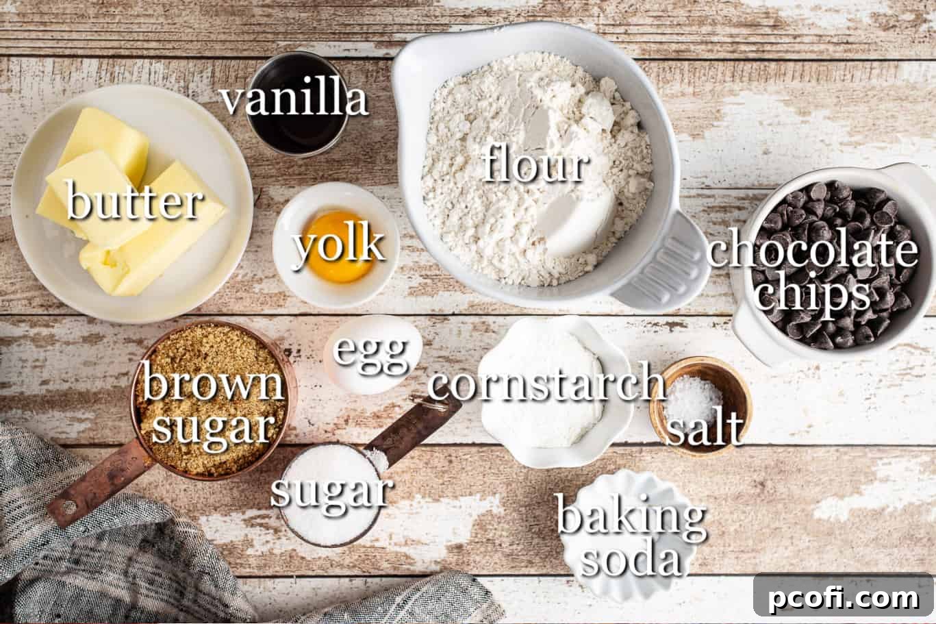Ingredients for making a skillet chocolate chip cookie, with text labels and measuring tools.