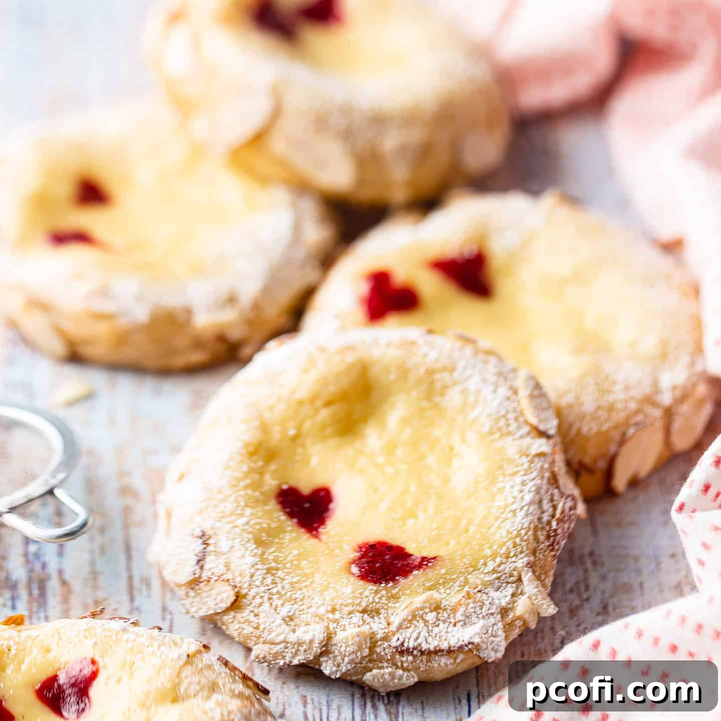 Delicate Cheese Danish pastries adorned with raspberry hearts, ready to be enjoyed.