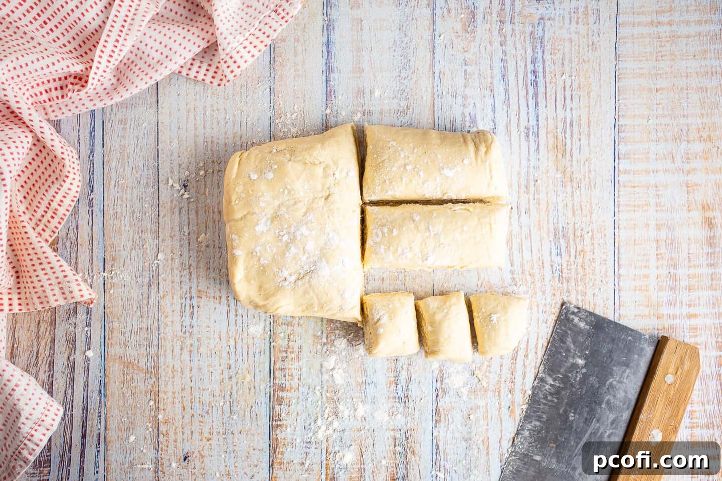 Danish pastry dough being divided into 18 equal portions using a bench scraper.
