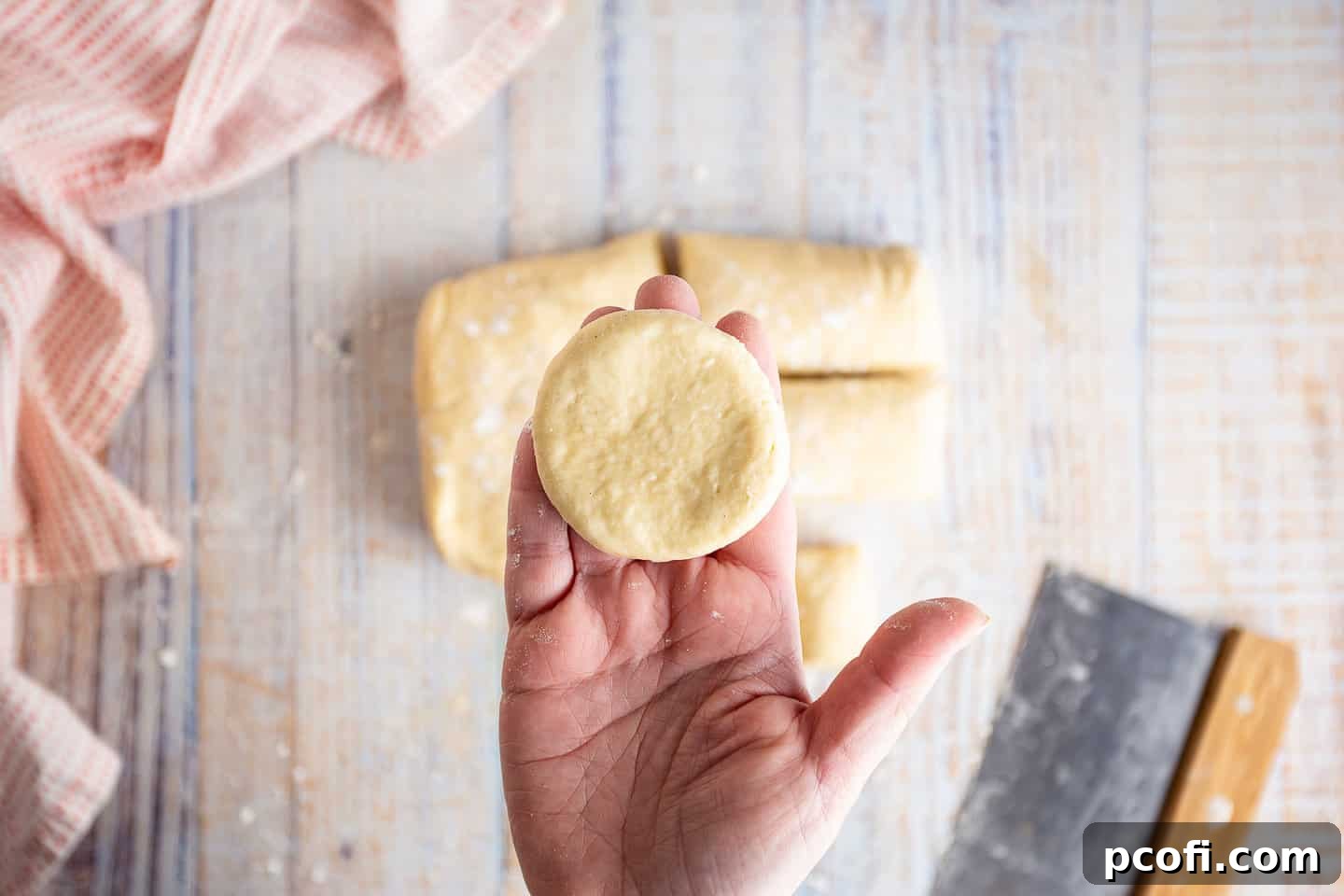 Individual Danish dough portions shaped into flat discs with central depressions, ready for filling.