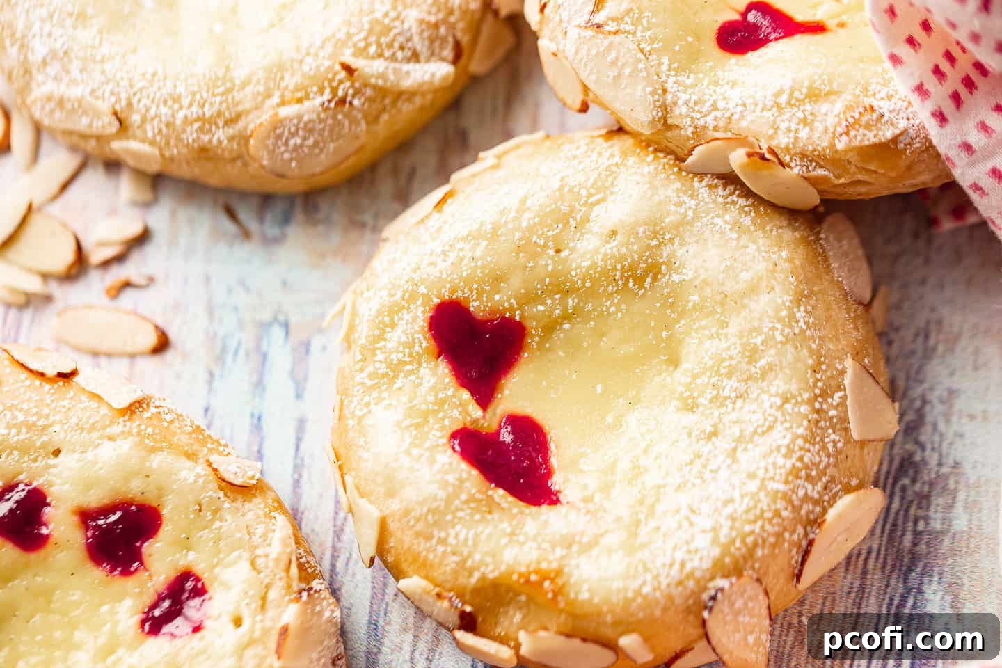 A platter of gorgeous Cream Cheese Danish, exquisitely garnished with raspberry sauce hearts, sliced almonds, and a dusting of powdered sugar.