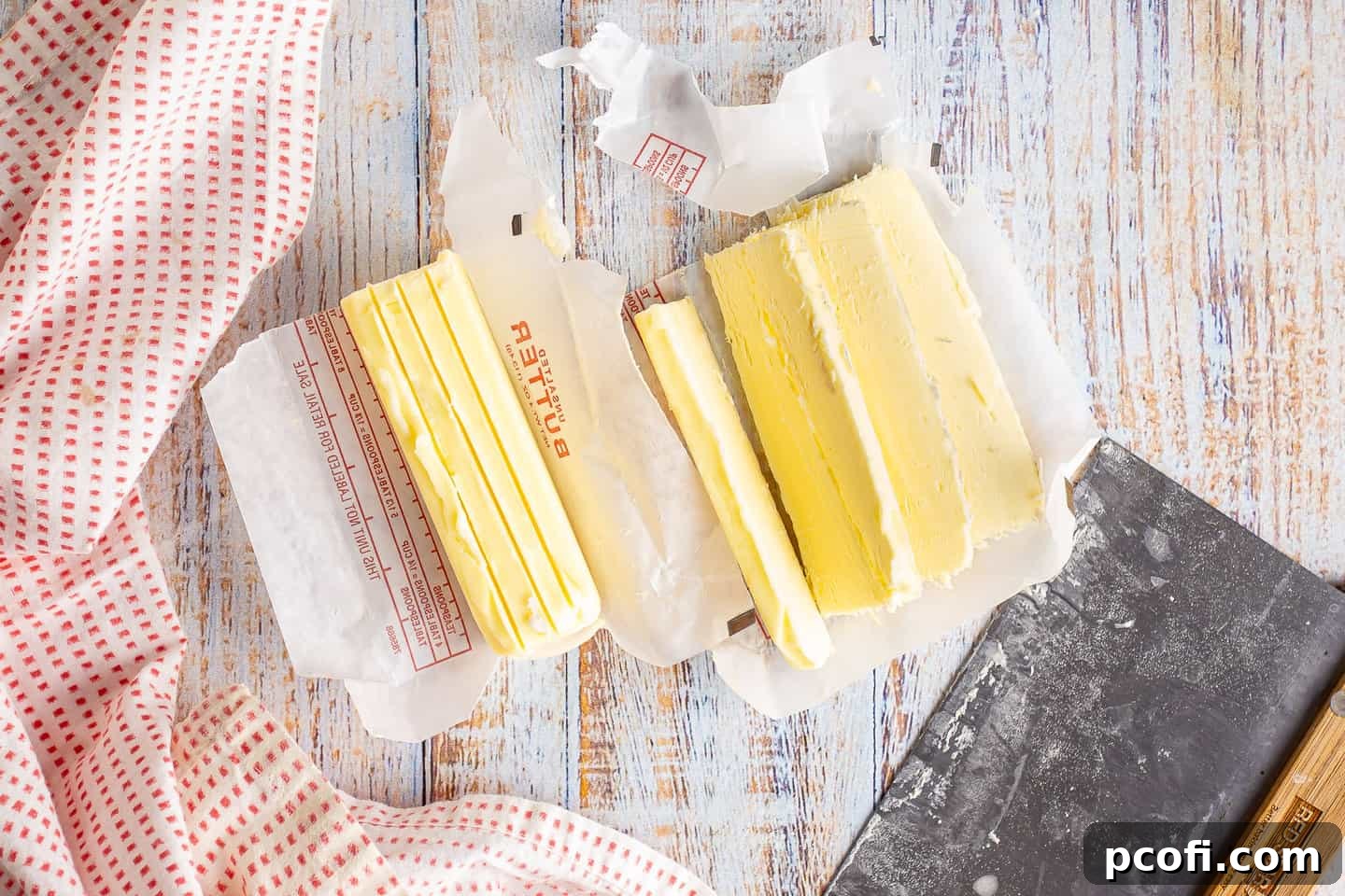 Chilled sticks of butter being sliced into thin, even slabs for Danish dough lamination.