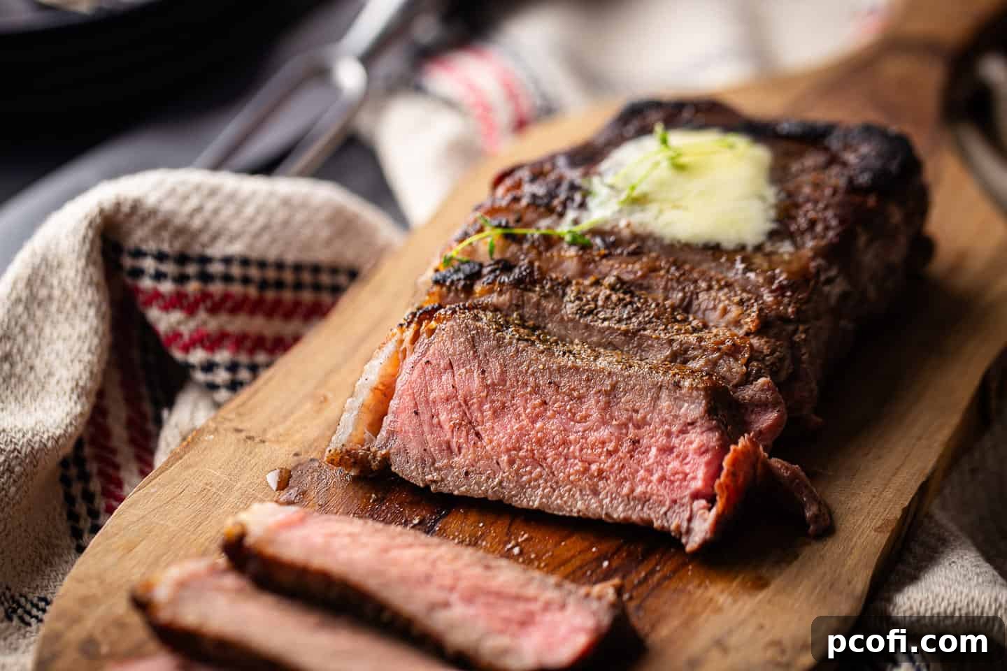 Reverse searing steak carved perpendicular to the grain.