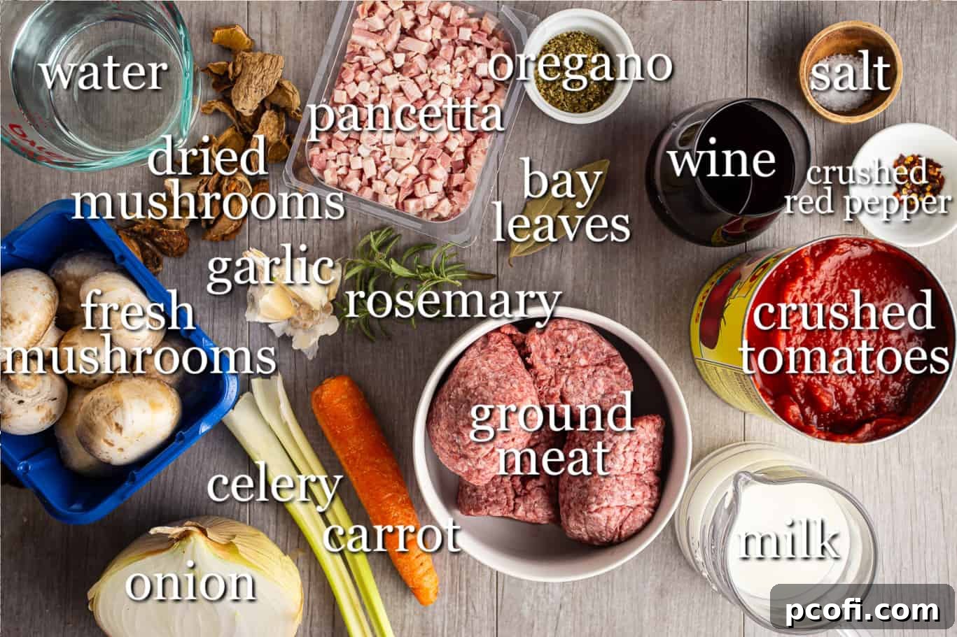 Organized ingredients laid out for making Bolognese sauce, complete with clear text labels for each component.