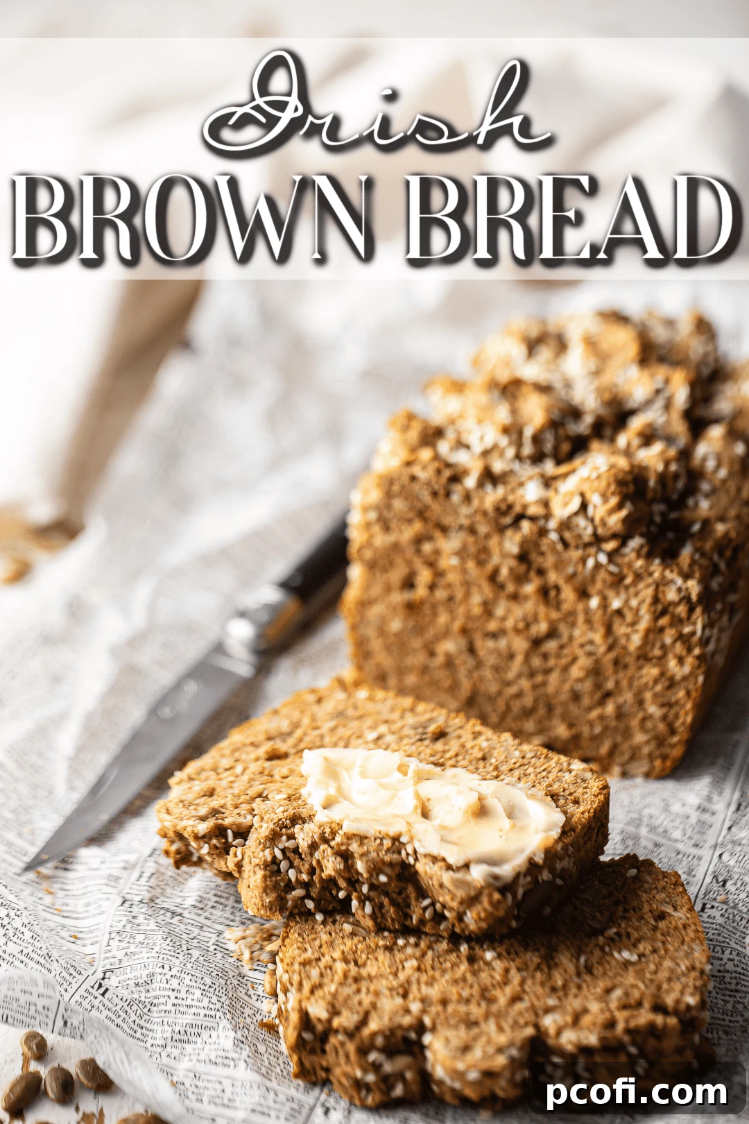 Irish brown bread recipe, baked, sliced, and buttered thickly.