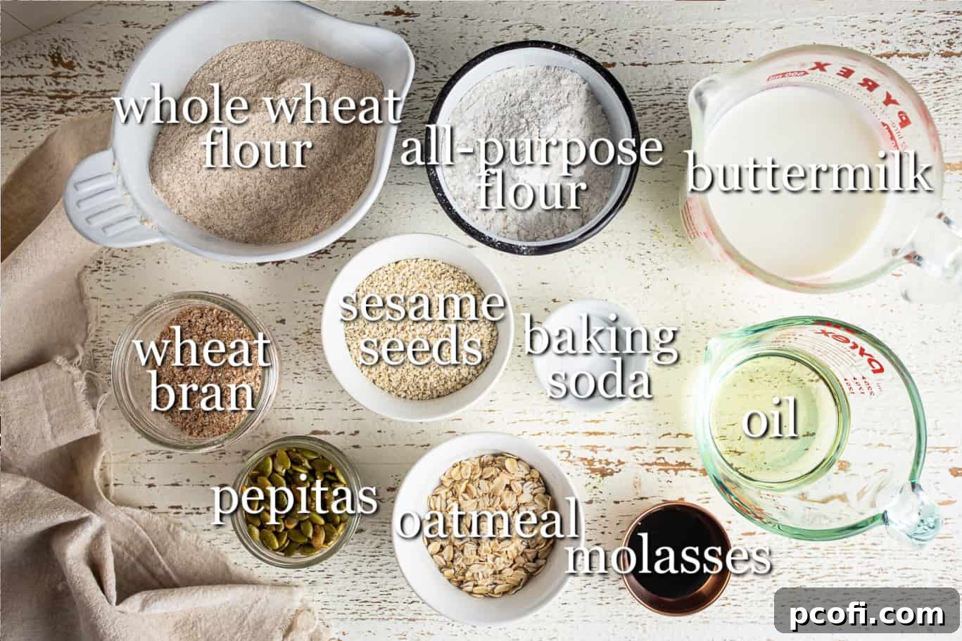 Ingredients for making Irish brown bread, with text labels.