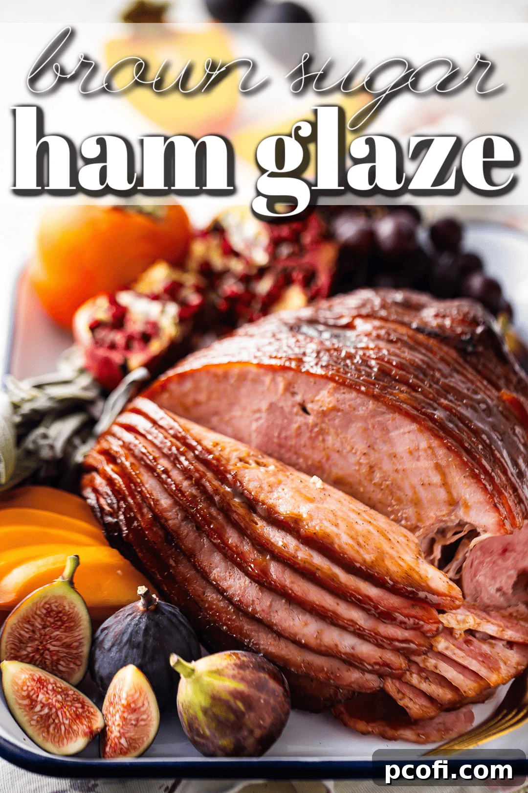 A spiral-sliced ham baking in the oven, with a luscious ham glaze brushed generously over its surface, creating a beautiful golden-brown crust.