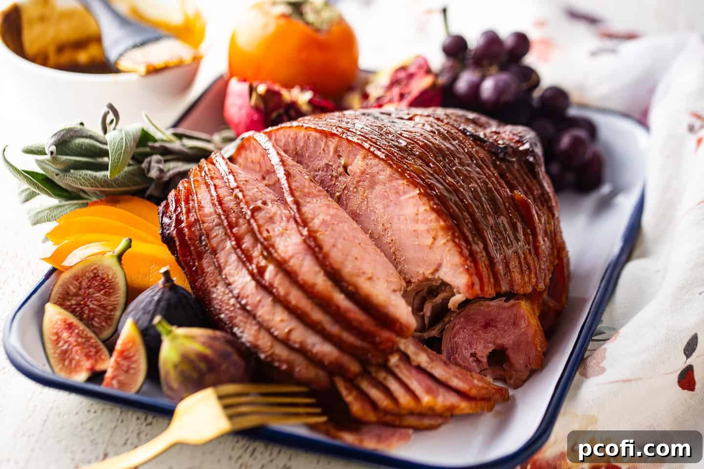 A close-up of the delicious glaze for ham, emphasizing its shiny, sticky texture, which seals in juices and enhances the meat with a savory sweet flavor.
