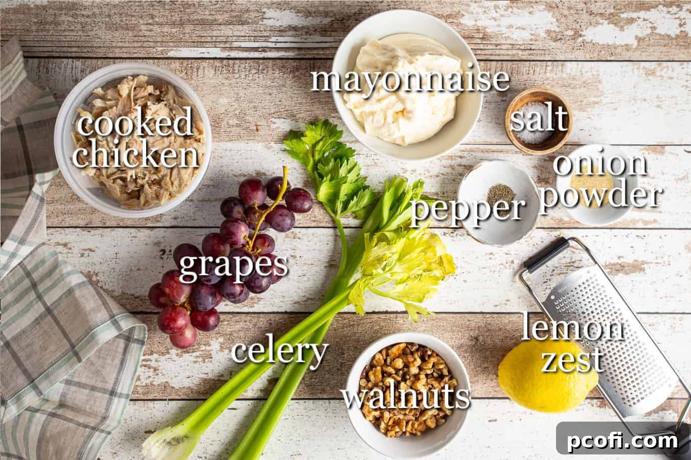 Ingredients for making chicken salad, with text labels.
