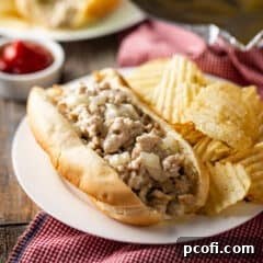 Homemade chicken cheesesteak on a white plate with potato chips and ketchup.