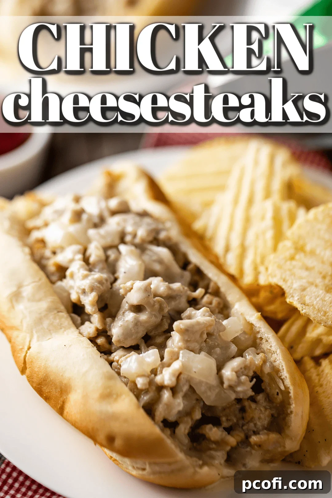 Chicken cheesesteak recipe prepared and served on a log roll with chips.