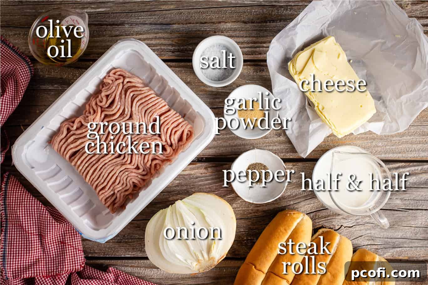 Easy chicken cheesesteak recipe ingredients, with text labels.