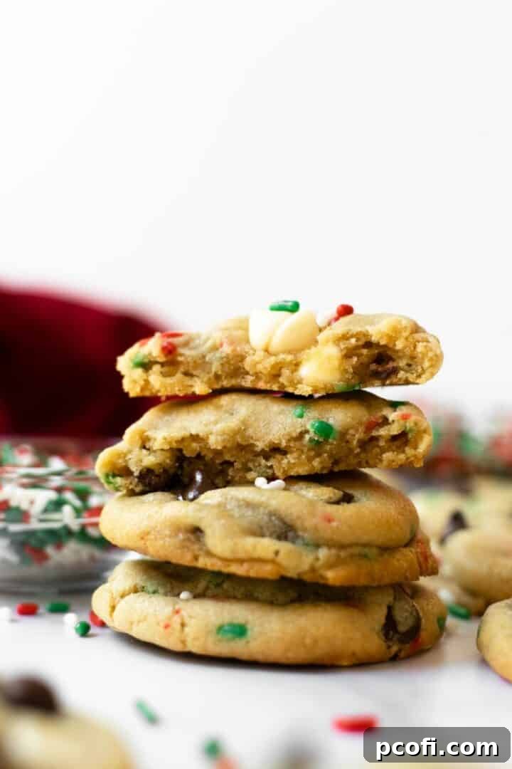 Stacked cake batter chocolate chip cookies with sprinkles, showcasing a perfect texture from softened butter.