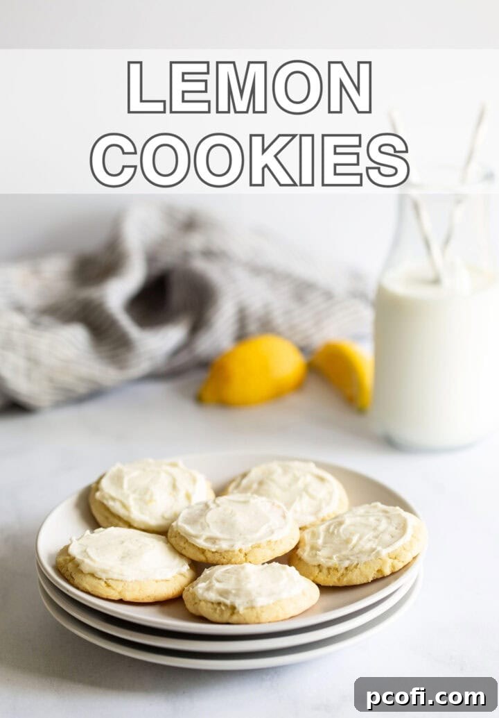 Lemon cookies on a plate with a text overlay