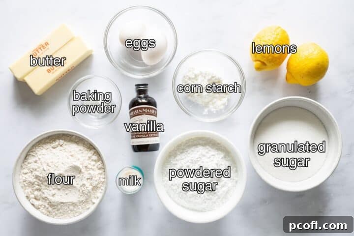 Ingredients for lemon cookies and frosting including butter, eggs, cornstarch, lemons, baking powder, vanilla, flour, milk, and sugar.