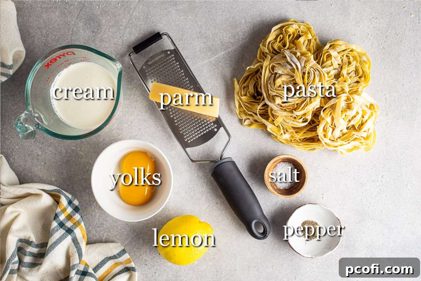 A vibrant flat lay image showcasing all the fresh and essential ingredients needed for making lemon pasta. Neatly arranged with clear text labels, it features bright lemons, a carton of heavy cream, fresh eggs, grated Parmesan cheese, and a bundle of pasta, ready for preparation.