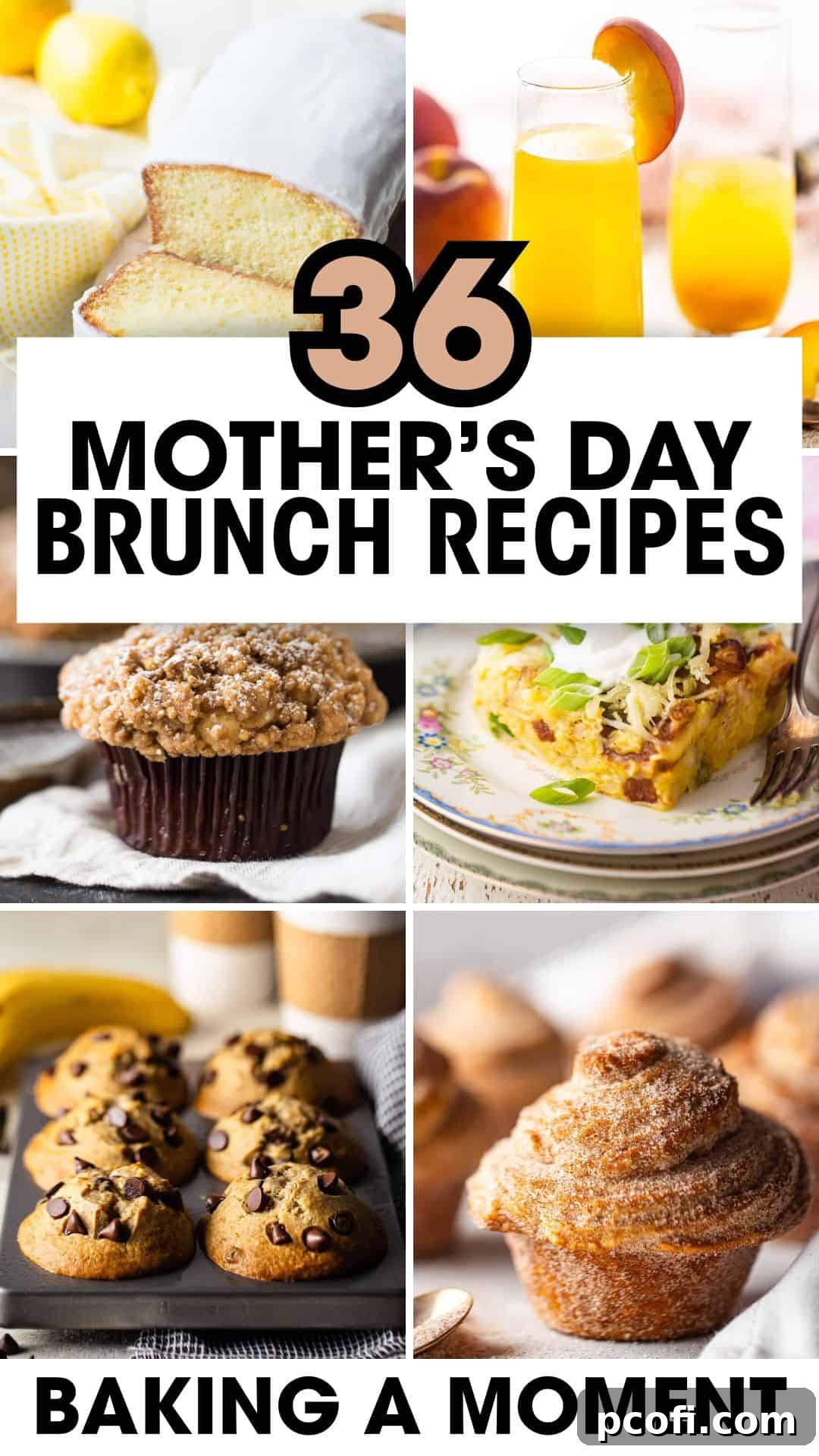 An elegant and abundant Mother's Day brunch table setting featuring a variety of sweet and savory dishes, fresh flowers, and sparkling beverages, all beautifully arranged to celebrate Mom.