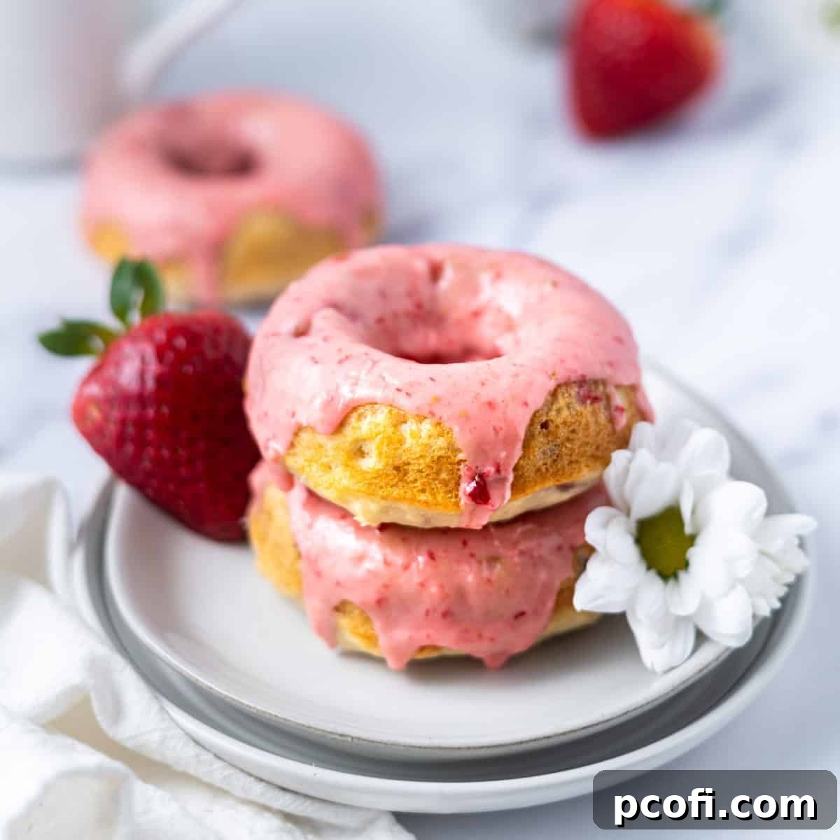 A stack of baked strawberry donuts on a plate with fresh strawberries and flowers.