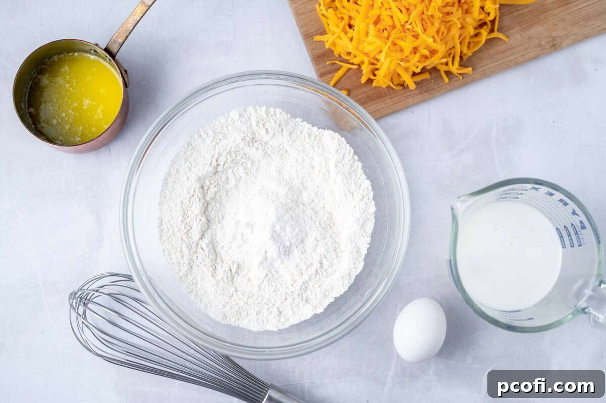 dry ingredients whisked together in a bowl with melted butter, cheese, egg and milk on the side
