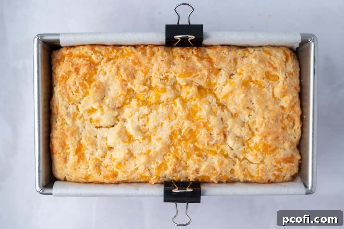 baked cheese bread in a loaf pan