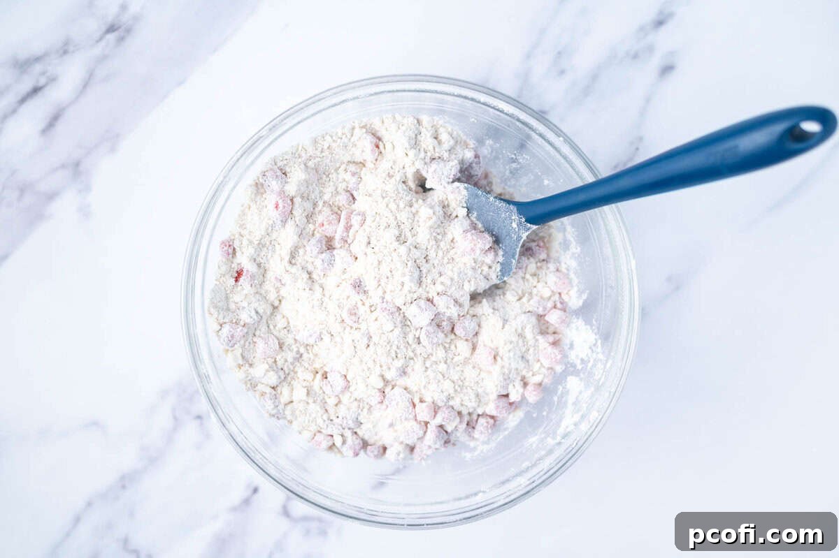 Fresh chopped strawberries gently tossed together with dry ingredients and butter in a glass bowl.