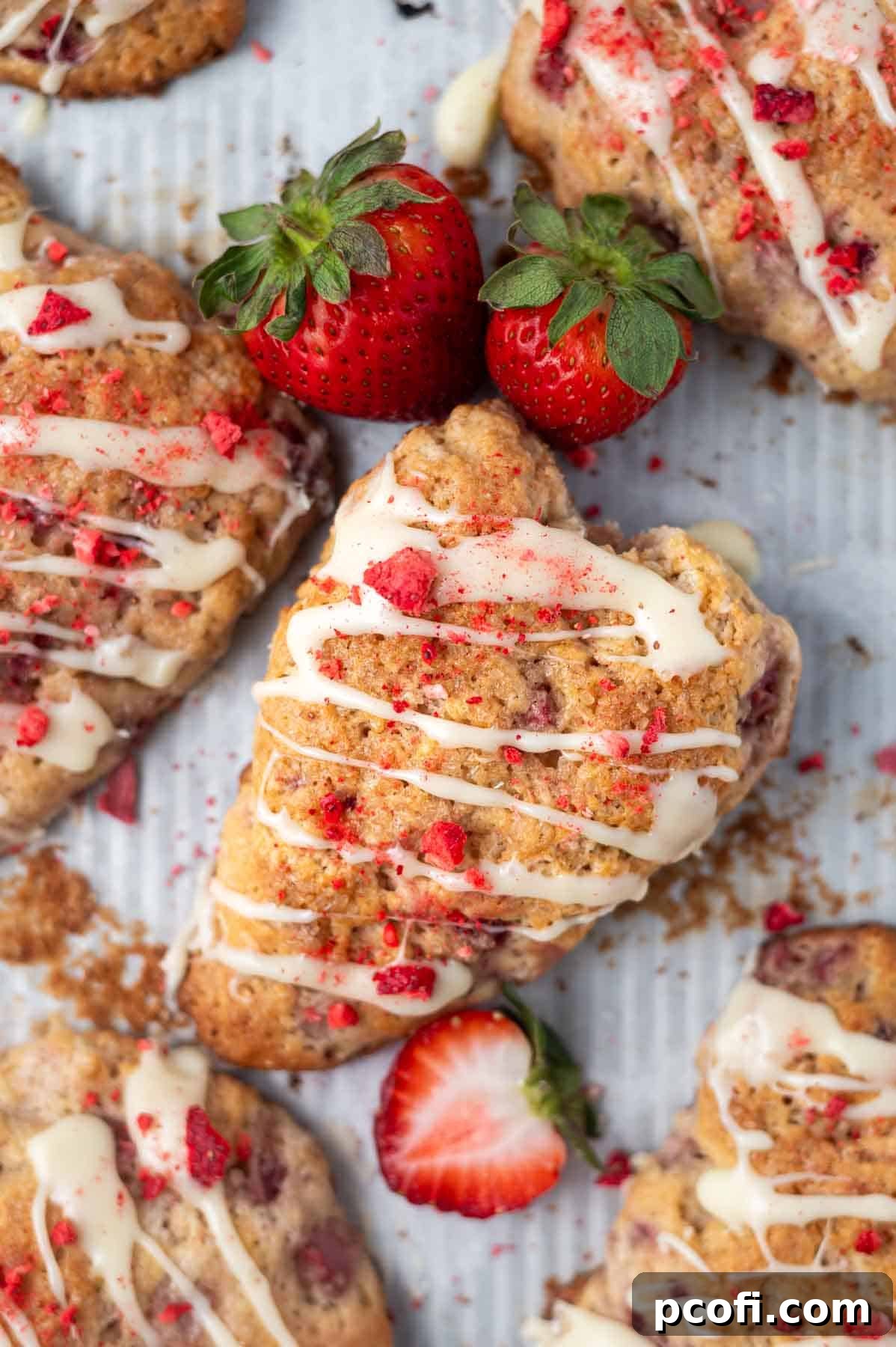 An overhead shot of freshly baked strawberry scones on a parchment-lined baking pan, surrounded by fresh strawberries, ready to be glazed.