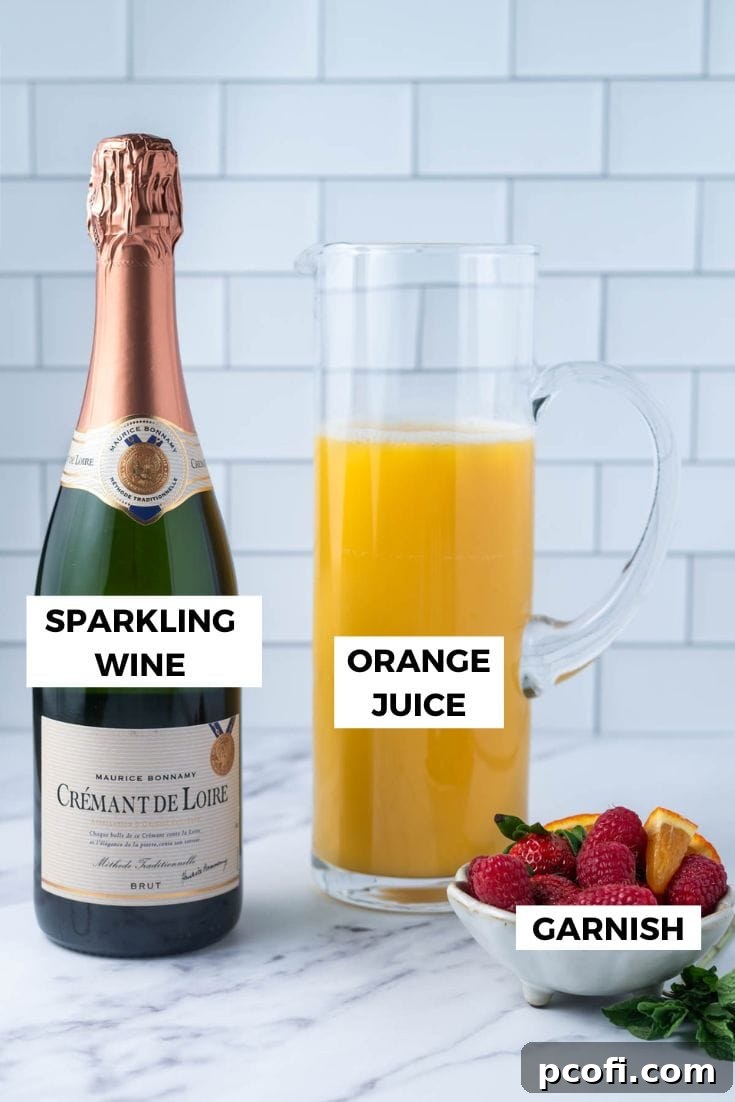 Ingredients for making a mimosa: sparkling wine, fresh oranges, and a bottle of orange juice.