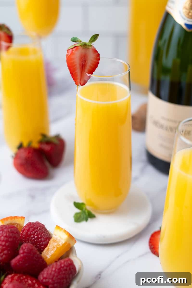 Mimosa in a stemless champagne flute, garnished with fresh fruit like strawberries and orange slices.