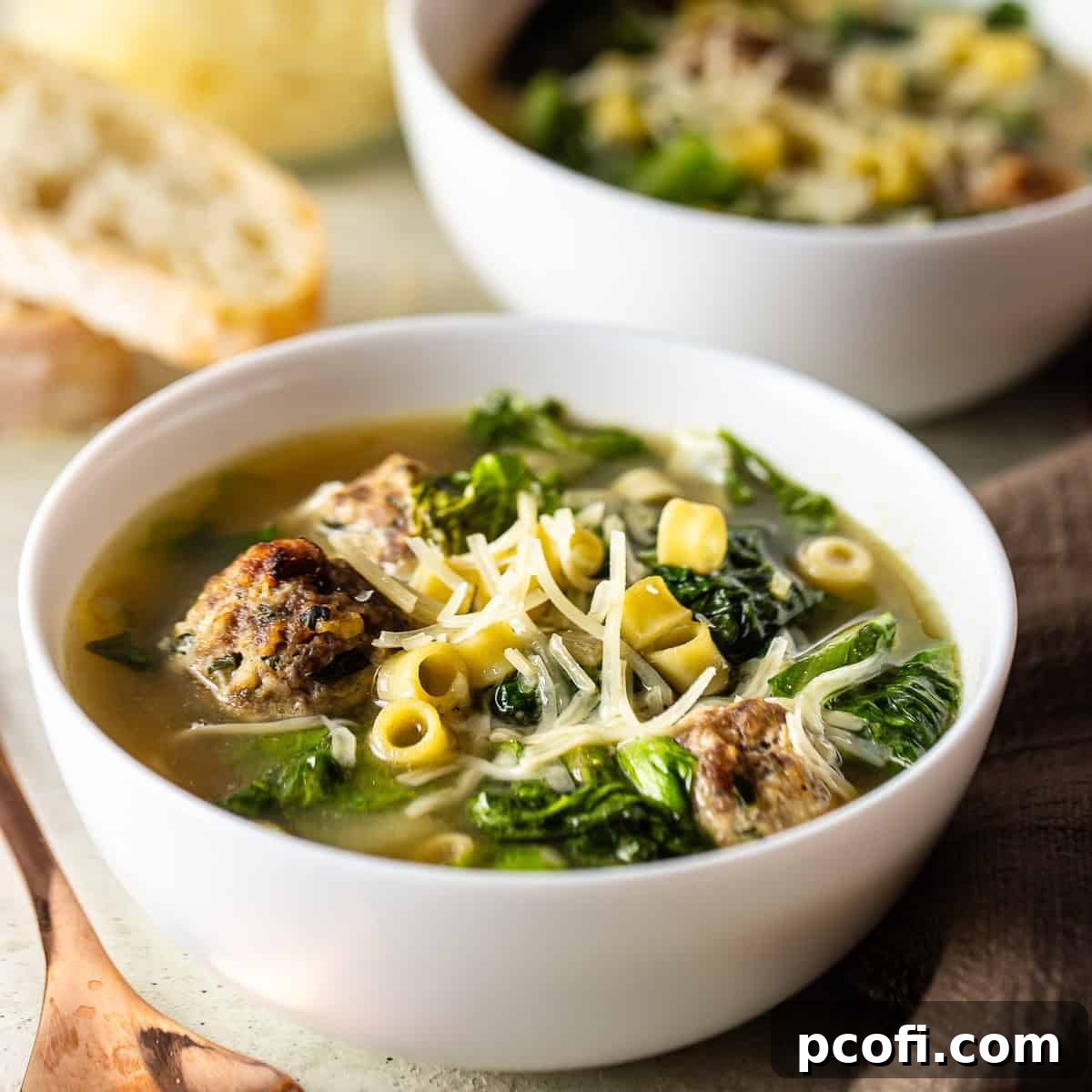 A steaming bowl of Italian wedding soup, filled with miniature meatballs, pasta, and greens, with bread in the background.