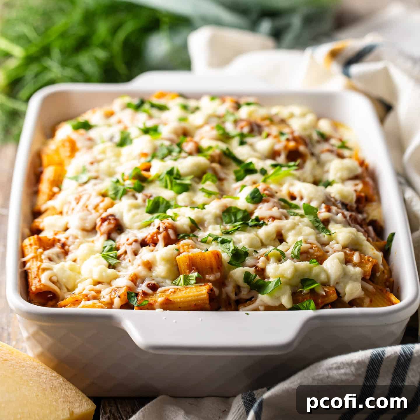 Hearty baked rigatoni in a white casserole dish, bubbling with melted cheese and a rich sauce, ready to be served.