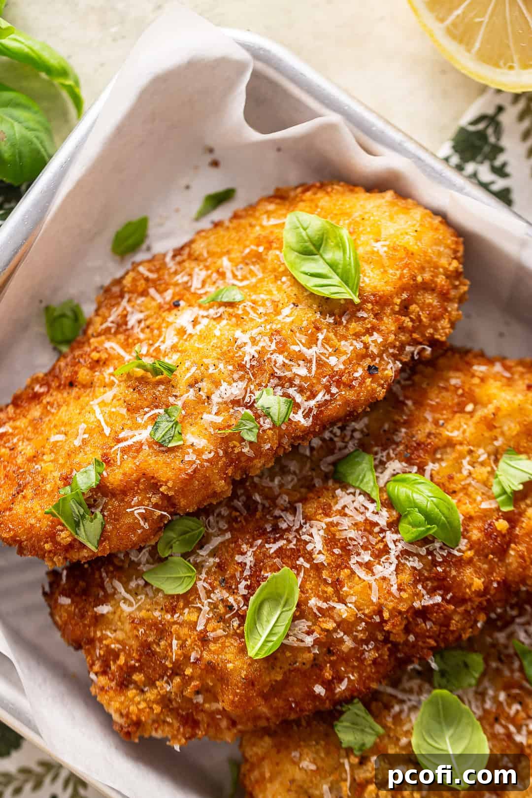 Breaded and fried chicken cutlets.