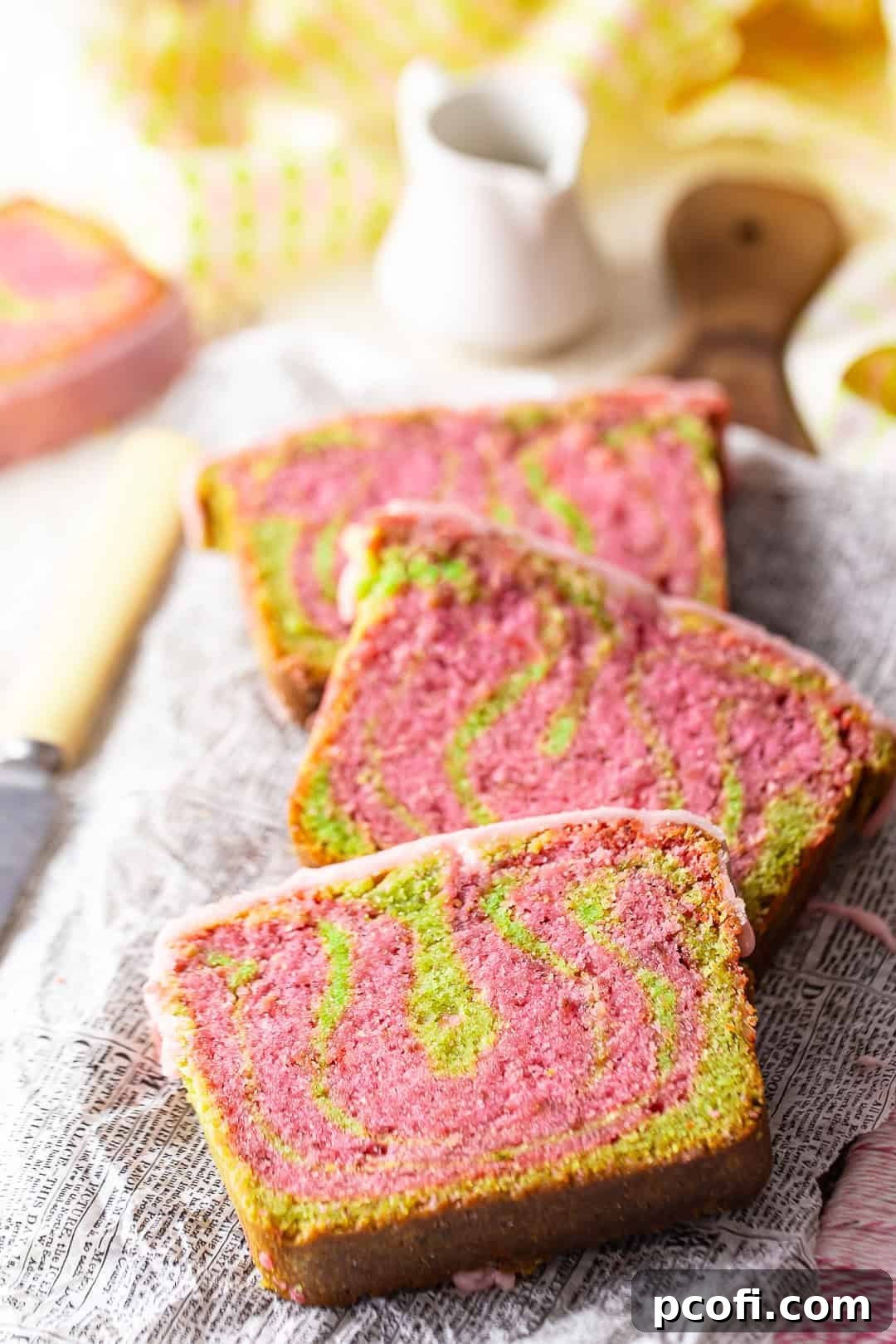Slices of Strawberry Matcha Loaf artfully arranged on a platter, showcasing the beautiful pink and green marbled patterns within.
