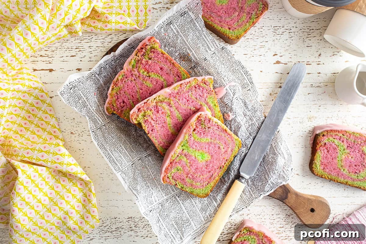 A freshly sliced strawberry matcha loaf on a cutting board, with a knife beside it, showing the vibrant marbled interior.