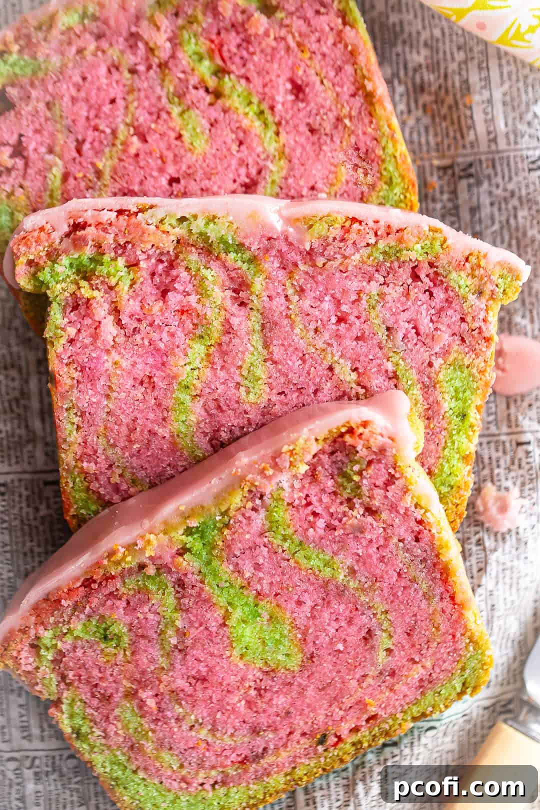 Close-up of Strawberry Matcha Loaf slices, highlighting the intricate pink and green swirls and the delicate texture.