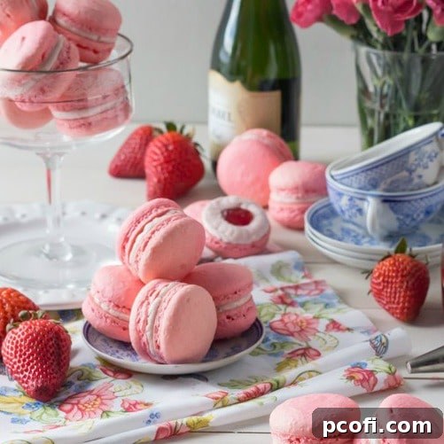 Strawberry Rose Macarons, showcasing delicate French pastries with a beautiful pink hue.