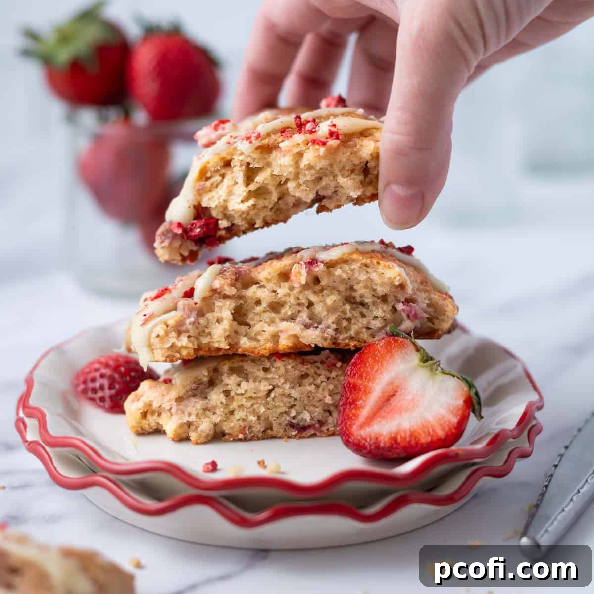 Hand grabbing a scone from a plate, highlighting the tender texture and deliciousness of strawberry scones.